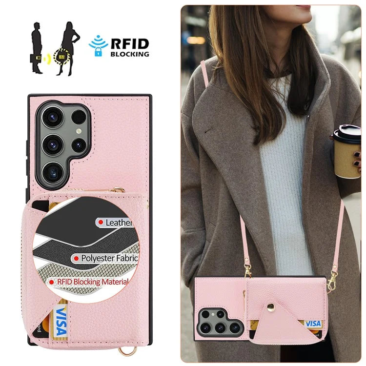 For Samsung Galaxy S24 Ultra Case RFID Blocking Zipper Wallet Back Shell with Crossbody Strap