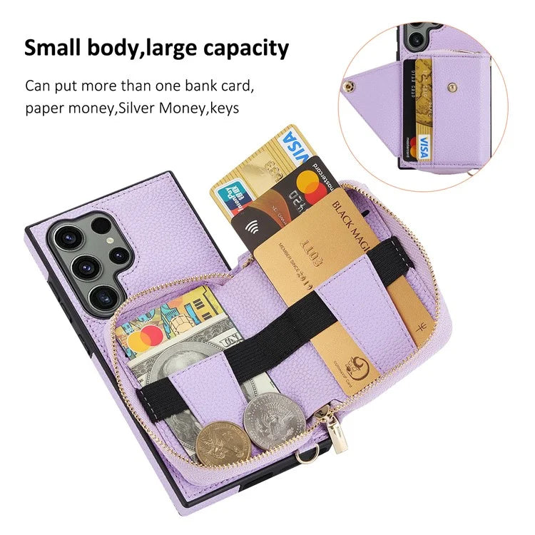 For Samsung Galaxy S24 Ultra Case RFID Blocking Zipper Wallet Back Shell with Crossbody Strap