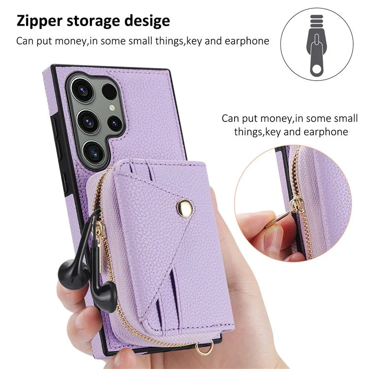 For Samsung Galaxy S24 Ultra Case RFID Blocking Zipper Wallet Back Shell with Crossbody Strap