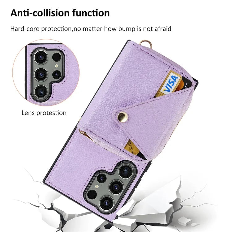 For Samsung Galaxy S24 Ultra Case RFID Blocking Zipper Wallet Back Shell with Crossbody Strap