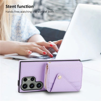 For Samsung Galaxy S24 Ultra Case RFID Blocking Zipper Wallet Back Shell with Crossbody Strap
