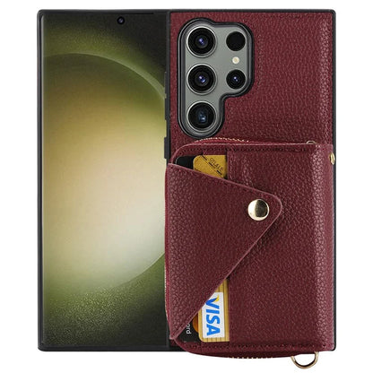 For Samsung Galaxy S24 Ultra Case RFID Blocking Zipper Wallet Back Shell with Crossbody Strap
