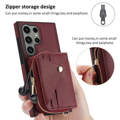 For Samsung Galaxy S24 Ultra Case RFID Blocking Zipper Wallet Back Shell with Crossbody Strap