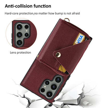 For Samsung Galaxy S24 Ultra Case RFID Blocking Zipper Wallet Back Shell with Crossbody Strap