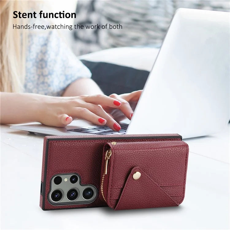 For Samsung Galaxy S24 Ultra Case RFID Blocking Zipper Wallet Back Shell with Crossbody Strap