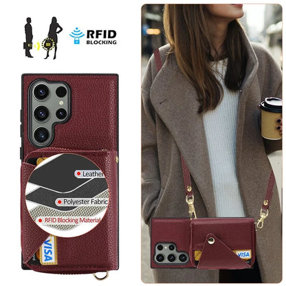 For Samsung Galaxy S24 Ultra Case RFID Blocking Zipper Wallet Back Shell with Crossbody Strap