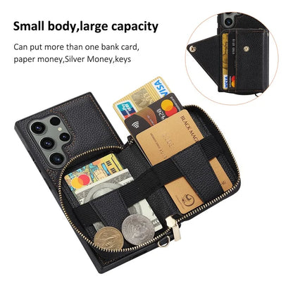 For Samsung Galaxy S24 Ultra Case RFID Blocking Zipper Wallet Back Shell with Crossbody Strap