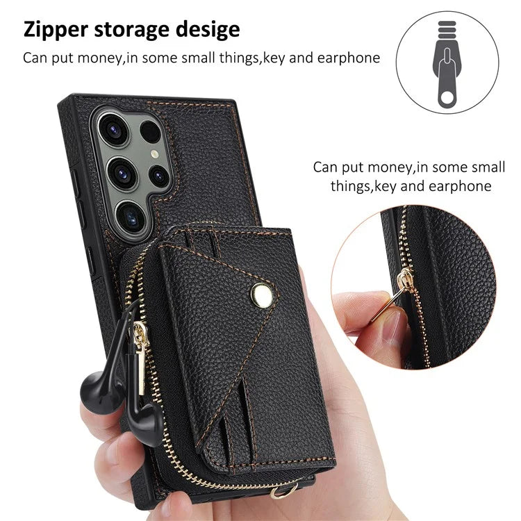For Samsung Galaxy S24 Ultra Case RFID Blocking Zipper Wallet Back Shell with Crossbody Strap