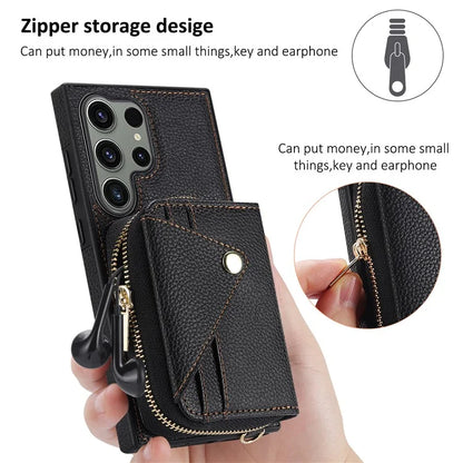 For Samsung Galaxy S24 Ultra Case RFID Blocking Zipper Wallet Back Shell with Crossbody Strap