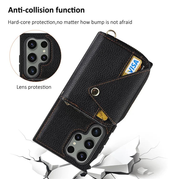 For Samsung Galaxy S24 Ultra Case RFID Blocking Zipper Wallet Back Shell with Crossbody Strap