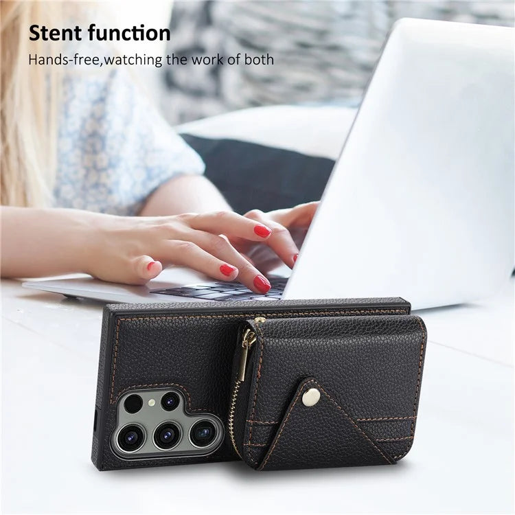 For Samsung Galaxy S24 Ultra Case RFID Blocking Zipper Wallet Back Shell with Crossbody Strap