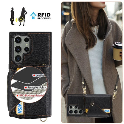 For Samsung Galaxy S24 Ultra Case RFID Blocking Zipper Wallet Back Shell with Crossbody Strap