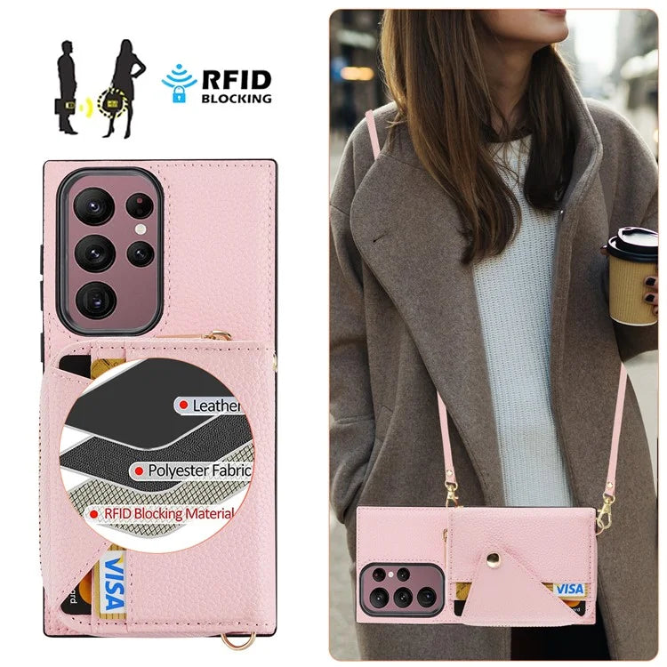 For Samsung Galaxy S23 Ultra Case RFID Blocking PU Leather Protective Shell with Snap Button