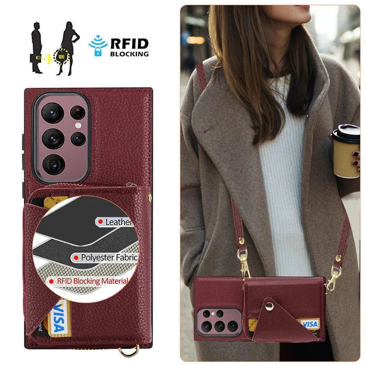 For Samsung Galaxy S23 Ultra Case RFID Blocking PU Leather Protective Shell with Snap Button