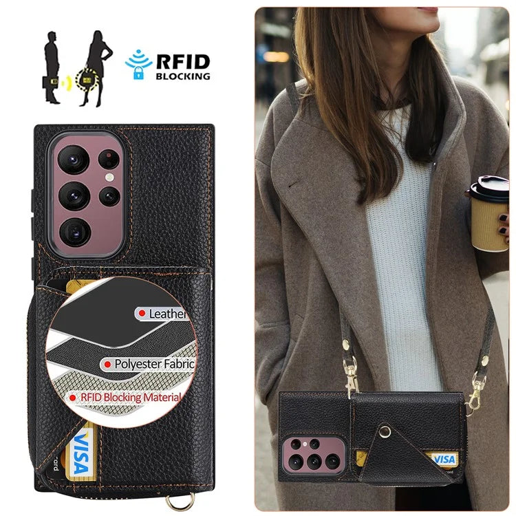 For Samsung Galaxy S23 Ultra Case RFID Blocking PU Leather Protective Shell with Snap Button