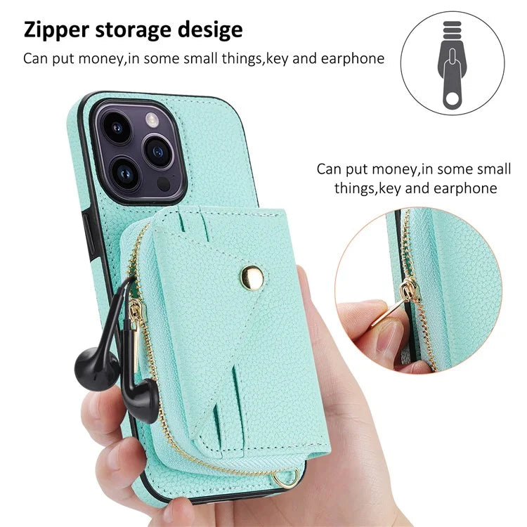 For iPhone 14 Pro Max Case RFID Blocking Zipper Wallet Anti-drop Phone Guard Cover