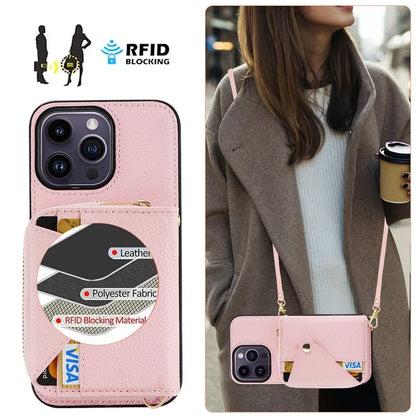 For iPhone 14 Pro Max Case RFID Blocking Zipper Wallet Anti-drop Phone Guard Cover