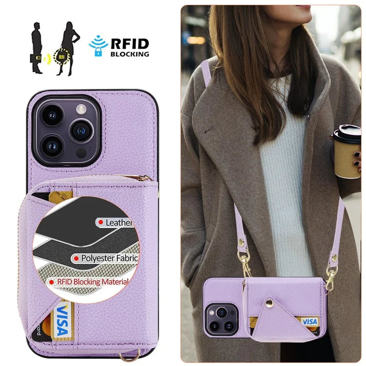 For iPhone 14 Pro Max Case RFID Blocking Zipper Wallet Anti-drop Phone Guard Cover