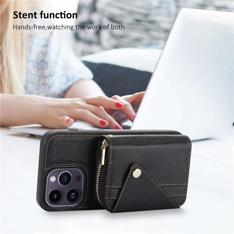 For iPhone 14 Pro Case PU Leather+TPU Litchi Texture Bump Proof Phone Guard Cover