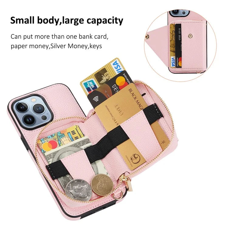 Zipper Wallet Case for iPhone 15 Pro Shell RFID Blocking Card Slots Phone Cover