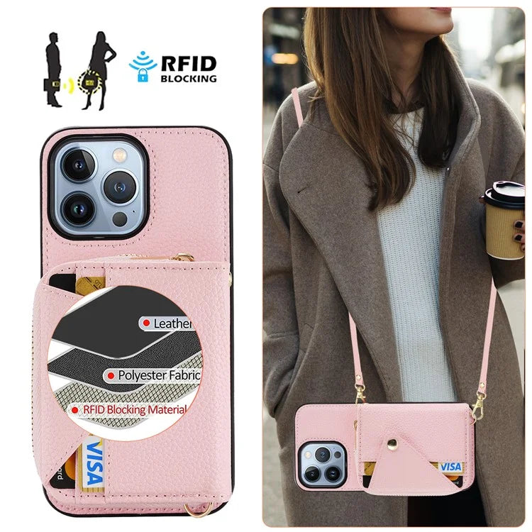 Zipper Wallet Case for iPhone 15 Pro Shell RFID Blocking Card Slots Phone Cover