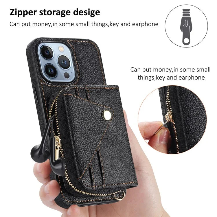 Zipper Wallet Case for iPhone 15 Pro Shell RFID Blocking Card Slots Phone Cover