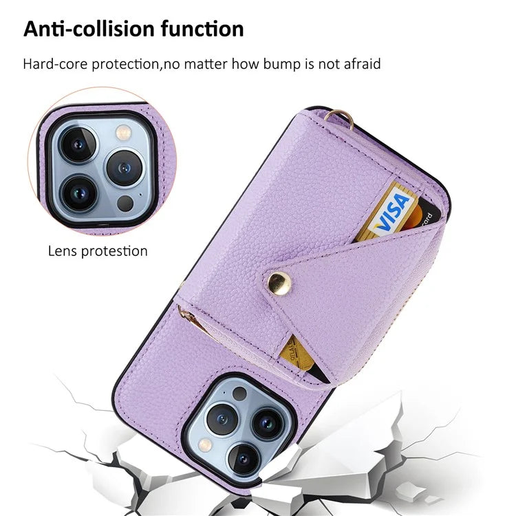 Zipper Wallet Case for iPhone 15 Pro Max Shell RFID Blocking Kickstand Mobile Phone Cover