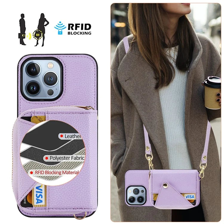 Zipper Wallet Case for iPhone 15 Pro Max Shell RFID Blocking Kickstand Mobile Phone Cover