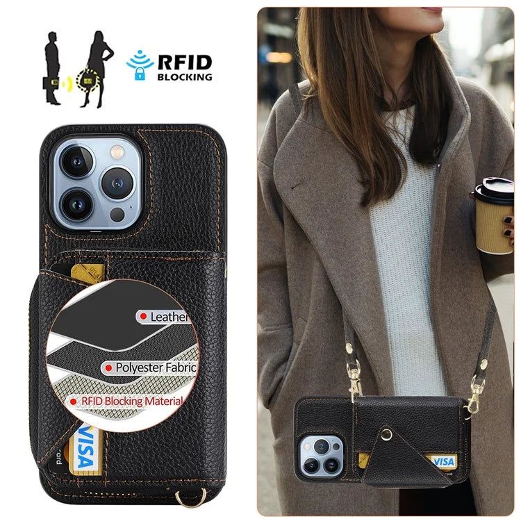 Zipper Wallet Case for iPhone 15 Pro Max Shell RFID Blocking Kickstand Mobile Phone Cover