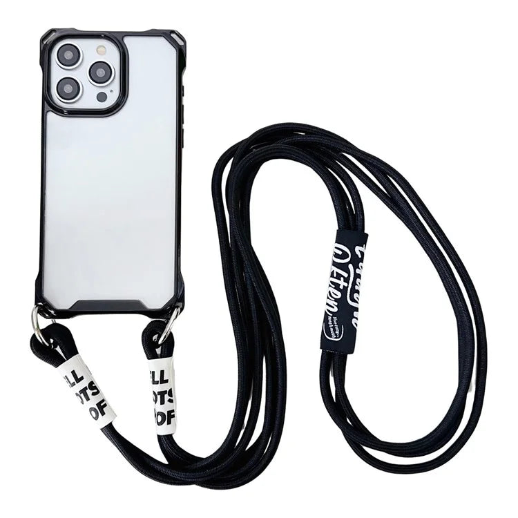 For iPhone 15 Pro Max Cell Phone Case Reinforced Corner TPU Cover with Thick Lanyard