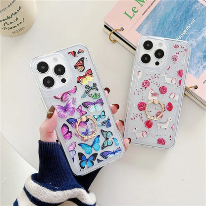 For iPhone 15 Pro Max Phone Case Butterfly Pattern TPU Airbag Cover with Kickstand