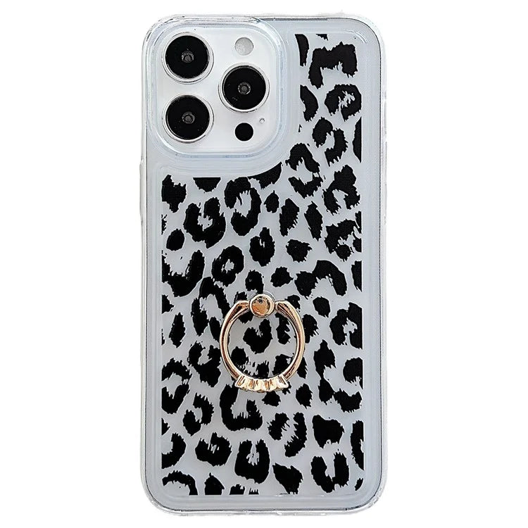 For iPhone 15 Pro Case Pattern TPU Airbag Phone Cover Ring Holder Kickstand