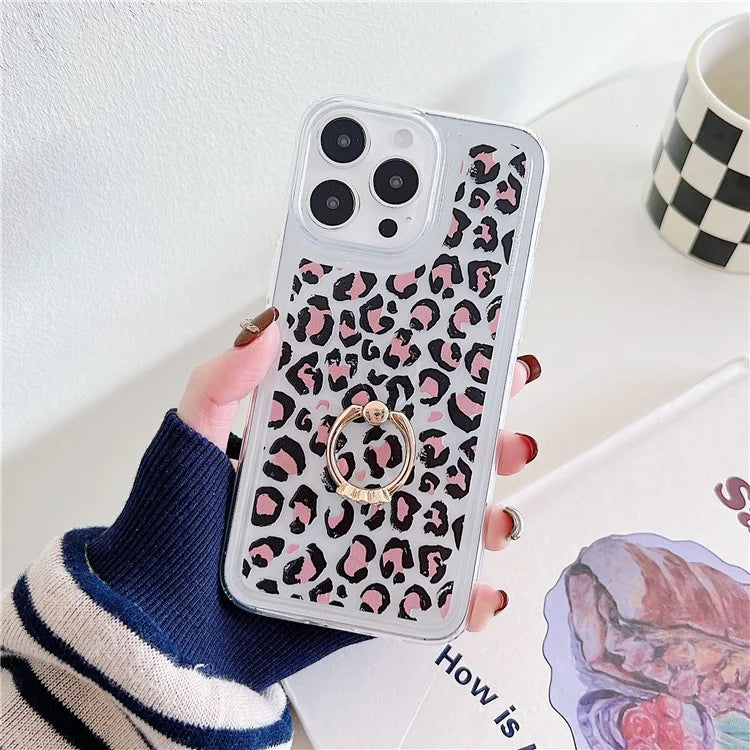 For iPhone 15 Pro Case Pattern TPU Airbag Phone Cover Ring Holder Kickstand