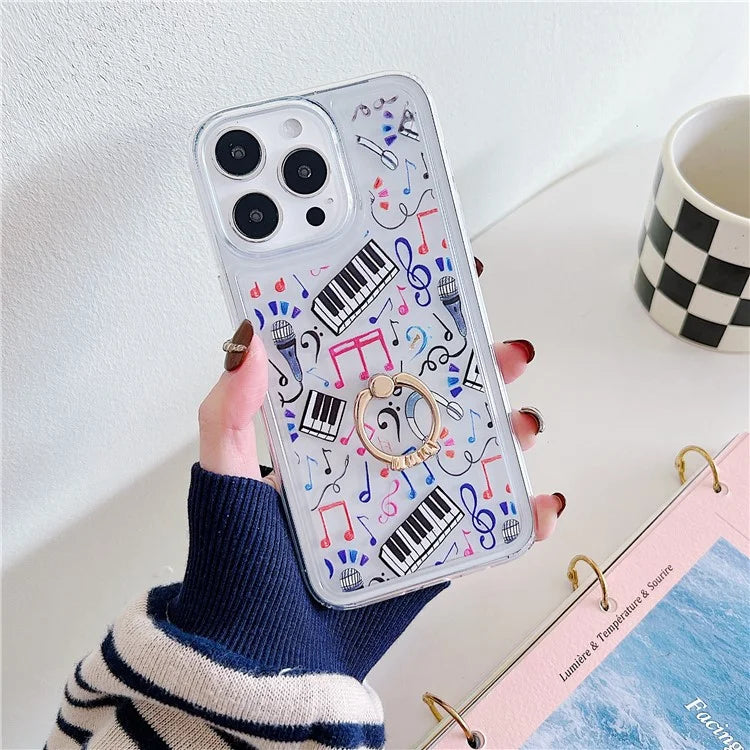 For iPhone 15 Pro Case Pattern TPU Airbag Phone Cover Ring Holder Kickstand