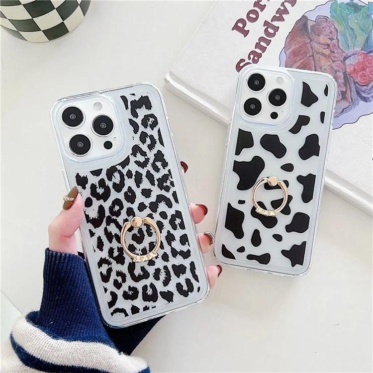 For iPhone 15 Pro Case Pattern TPU Airbag Phone Cover Ring Holder Kickstand
