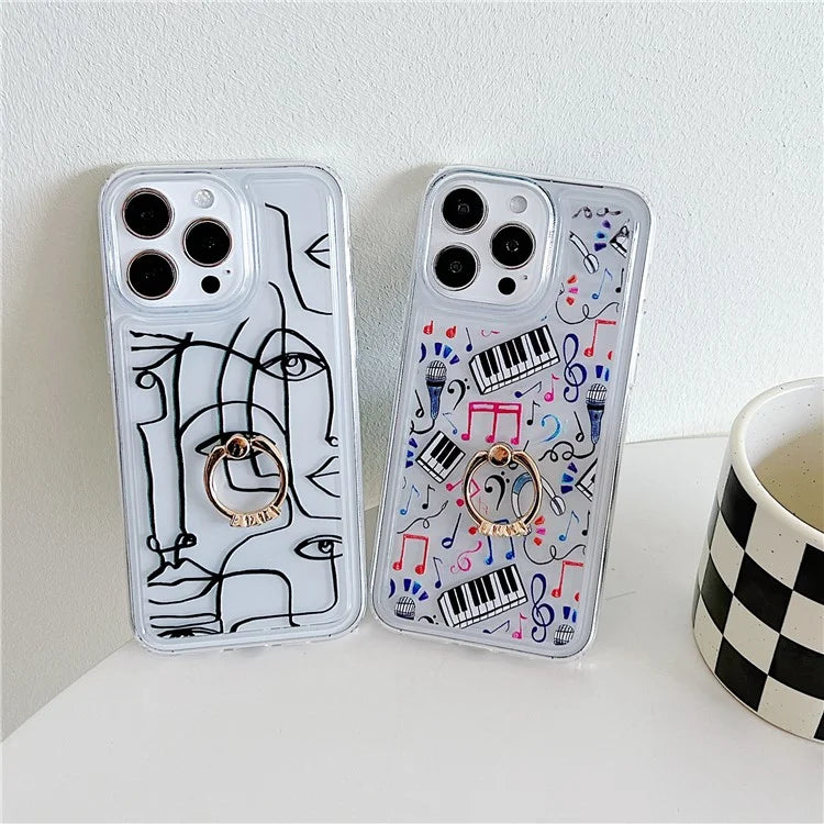 For iPhone 15 Pro Case Pattern TPU Airbag Phone Cover Ring Holder Kickstand