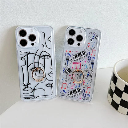 For iPhone 15 Pro Case Pattern TPU Airbag Phone Cover Ring Holder Kickstand