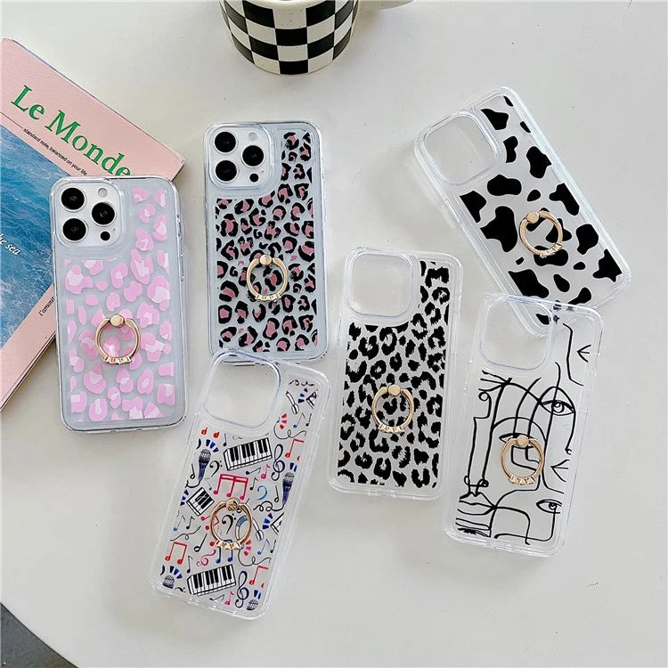 For iPhone 15 Pro Case Pattern TPU Airbag Phone Cover Ring Holder Kickstand