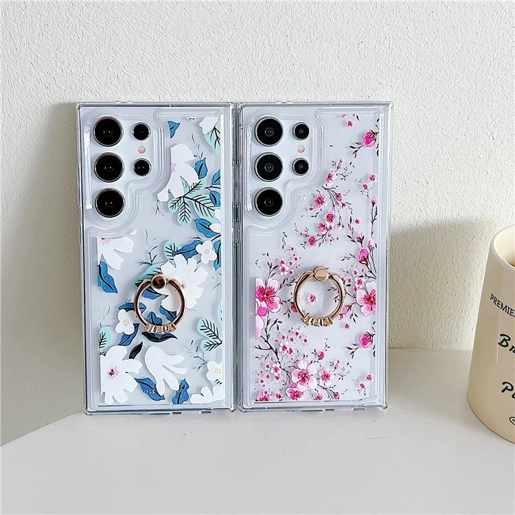 For Samsung Galaxy S23 Ultra Case Floral Pattern TPU Phone Cover Rotating Ring Holder