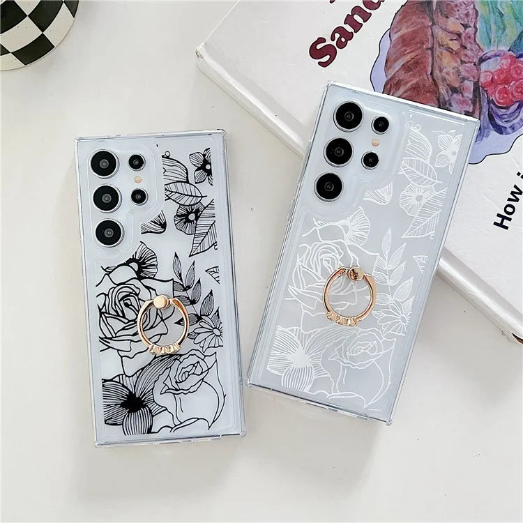 For Samsung Galaxy S23 Ultra Case Floral Pattern TPU Phone Cover Rotating Ring Holder