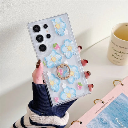 For Samsung Galaxy S23 Ultra Case Floral Pattern TPU Phone Cover Rotating Ring Holder