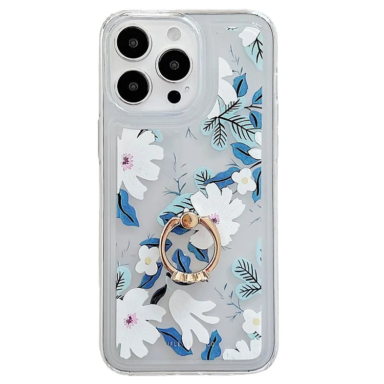 For iPhone 15 Pro Floral Case Airbag Design TPU Kickstand Phone Cover