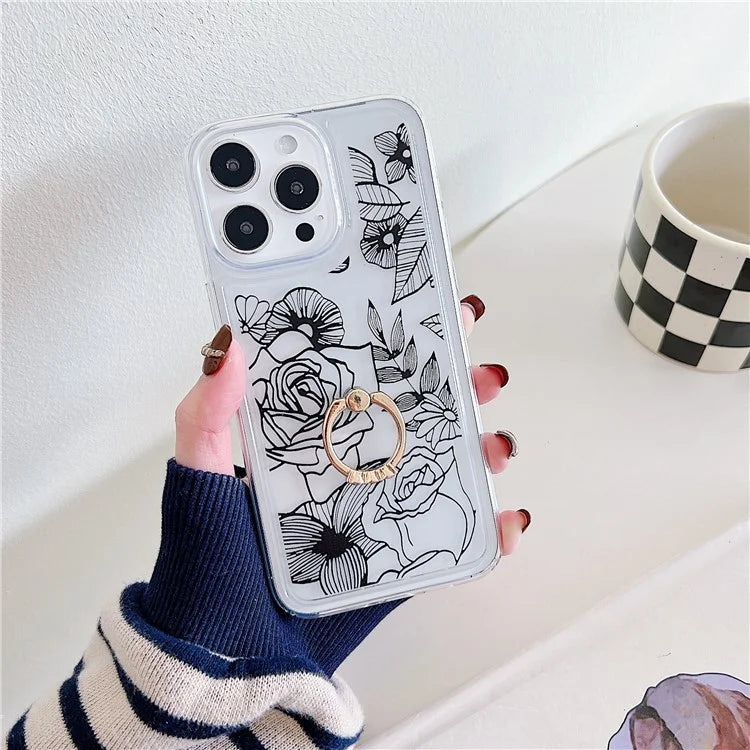 For iPhone 15 Pro Floral Case Airbag Design TPU Kickstand Phone Cover