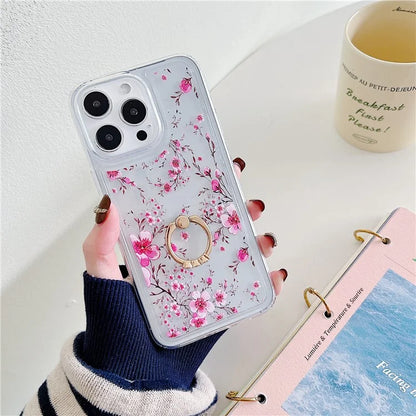 For iPhone 15 Pro Floral Case Airbag Design TPU Kickstand Phone Cover