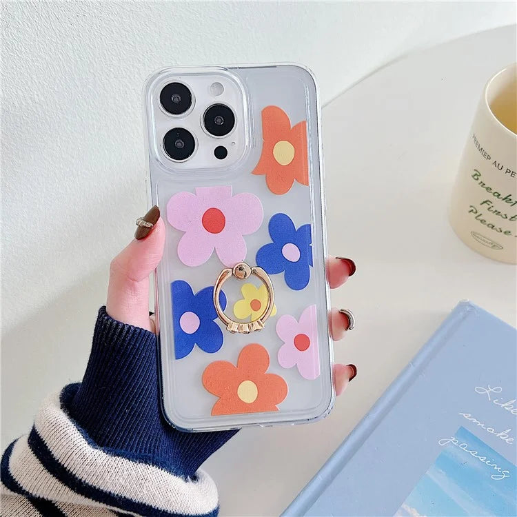 For iPhone 15 Pro Floral Case Airbag Design TPU Kickstand Phone Cover