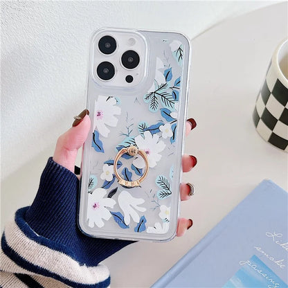 For iPhone 15 Pro Max Phone Case with Ring Holder Flower Pattern TPU Phone Cover