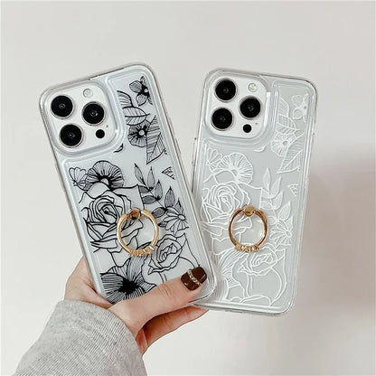 For iPhone 15 Pro Max Phone Case with Ring Holder Flower Pattern TPU Phone Cover