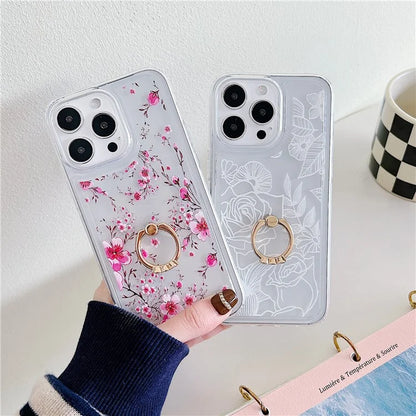 For iPhone 15 Pro Max Phone Case with Ring Holder Flower Pattern TPU Phone Cover
