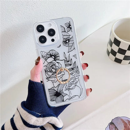 For iPhone 15 Pro Max Phone Case with Ring Holder Flower Pattern TPU Phone Cover