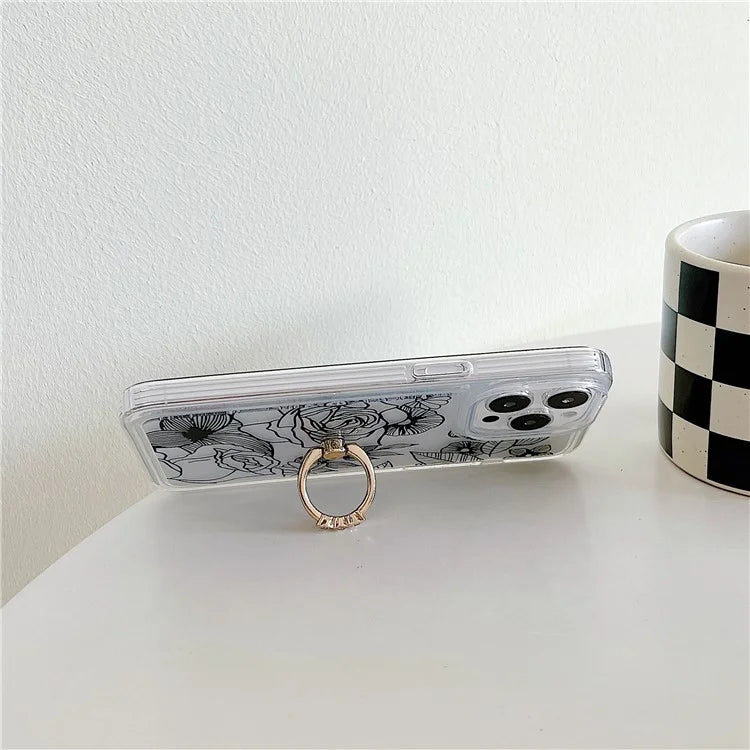 For iPhone 15 Pro Max Phone Case with Ring Holder Flower Pattern TPU Phone Cover